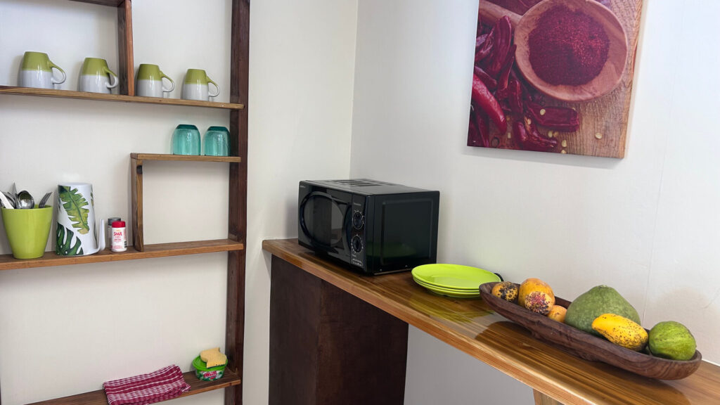 Coin cuisine du studio Kena Twiny avec micro-ondes et vaisselle