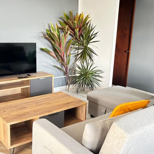 Salon de Katu Home vu depuis l’arrière du canapé, avec la télévision et la connexion Wi-Fi visibles.