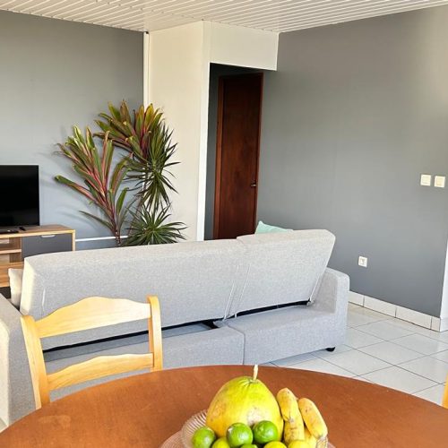 Vue du salon de Katu Home avec un aperçu de la cuisine, offrant un espace de vie convivial et fonctionnel.