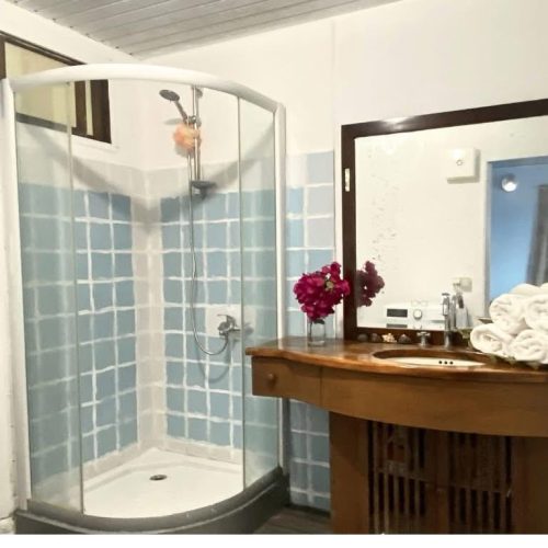 Salle de bain de Hanamio Bay avec douche à l’italienne et lavabo en bois.