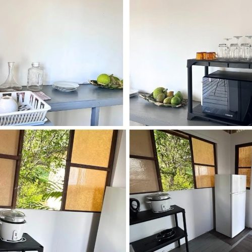 Patchwork de photos de la cuisine en extension extérieure du bungalow Hanamio Bay.