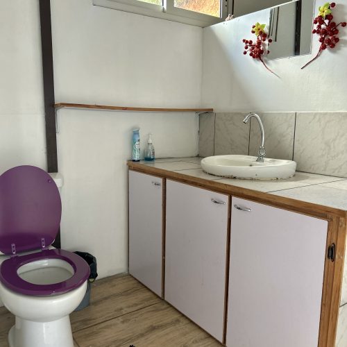 Salle de bain de Koki Horizon avec toilettes et lavabo à Hiva Oa