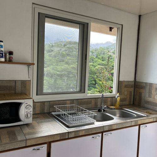 Kitchenette de Koki Horizon avec réfrigérateur, gazinière et évier à Hiva Oa